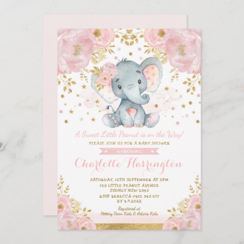 Pretty Pink and Gold Elephant Baby Shower Invitation