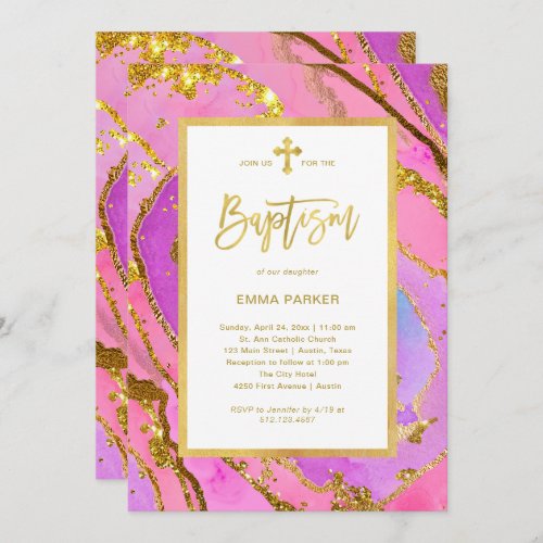 Pretty Pink and Gold Geode  Baptism Invitation