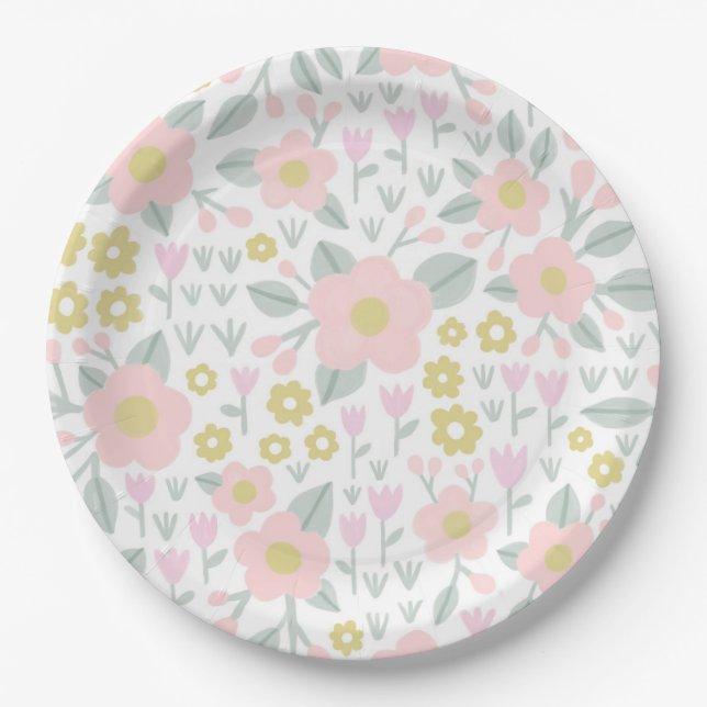 Pretty Pink and Gold Girly Floral Pattern Paper Plates (Front)