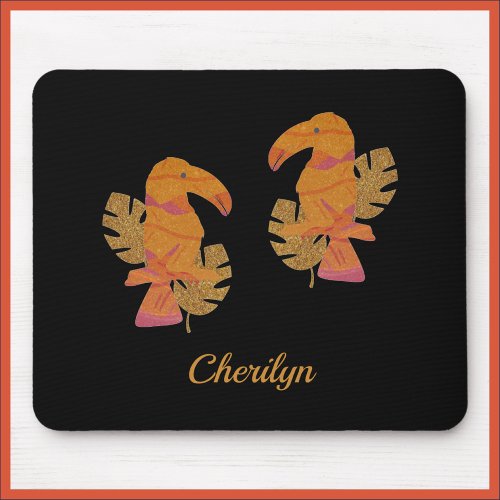 Pretty Pink and Gold Glitter Tropical Toucan Bird Mouse Pad