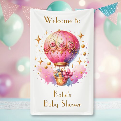 Pretty Pink and Gold Hot Air Balloons Baby Shower Banner