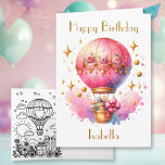 Pretty Pink and Gold Hot Air Balloons Birthday Card<br><div class="desc">Personalized pink and gold birthday card with a pretty hot air balloon and basket full of gifts. This card has a coloring page on the inside. This card says granddaughter but can be personalized to say daughter or any name.</div>