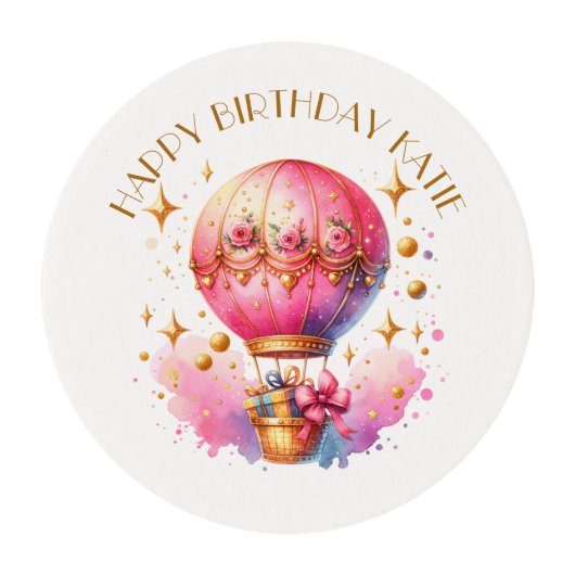 Pretty Pink and Gold Hot Air Balloons Edible Frosting Rounds (Front)