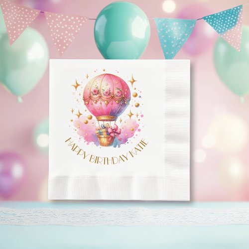 Pretty Pink and Gold Hot Air Balloons Personalized Napkins