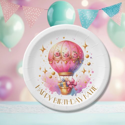 Pretty Pink and Gold Hot Air Balloons Personalized Paper Plates