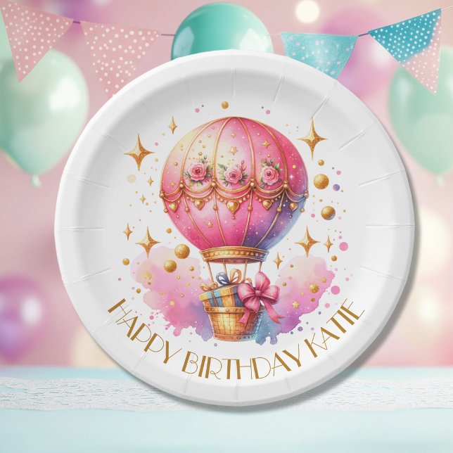 Pretty Pink and Gold Hot Air Balloons Personalized Paper Plates (Creator Uploaded)