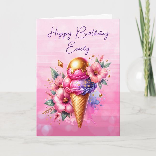 Pretty Pink and Gold Ice Cream Cone Birthday Card (Front)