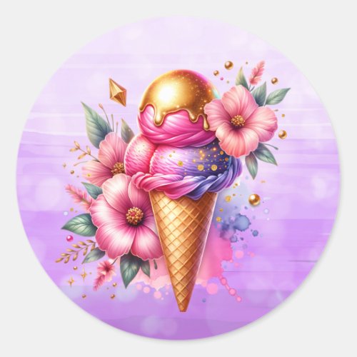 Pretty Pink and Gold Ice Cream Cone Birthday Classic Round Sticker