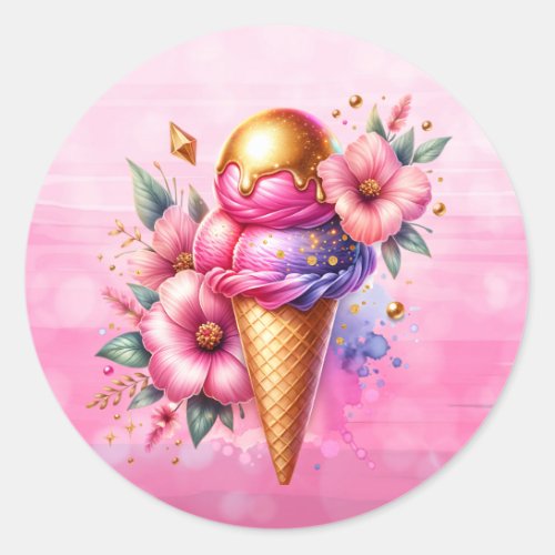 Pretty Pink and Gold Ice Cream Cone Birthday Classic Round Sticker