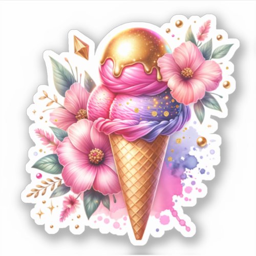 Pretty Pink and Gold Ice Cream Cone Birthday Sticker