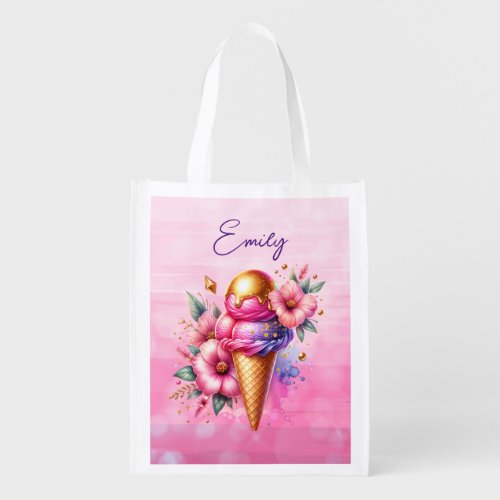 Pretty Pink and Gold Ice Cream Cone Floral Grocery Bag