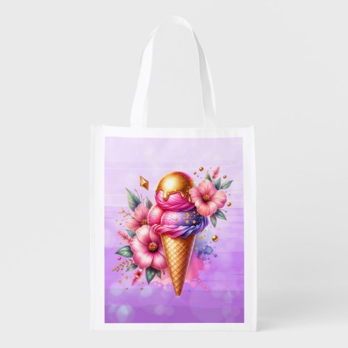 Pretty Pink and Gold Ice Cream Cone Floral Grocery Bag