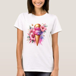 Pretty Pink and Gold Ice Cream Cone Floral T-Shirt