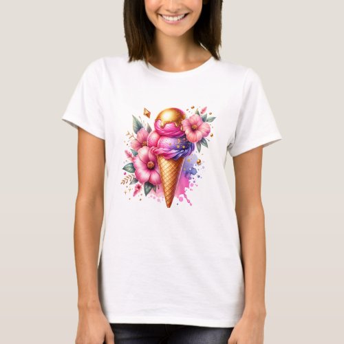 Pretty Pink and Gold Ice Cream Cone Floral T_Shirt