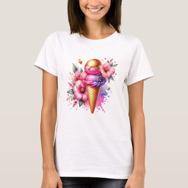 Pretty Pink and Gold Ice Cream Cone Floral T-Shirt (Front)
