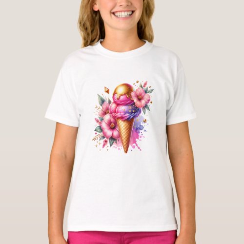 Pretty Pink and Gold Ice Cream Cone Floral T_Shirt