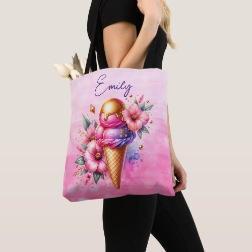 Pretty Pink and Gold Ice Cream Cone Floral Tote Bag