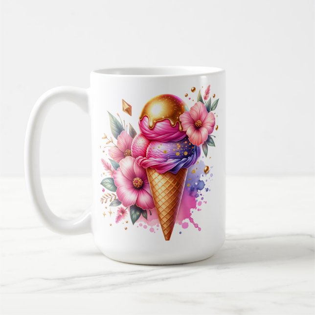 Pretty Pink and Gold Ice Cream Cone Personalized Coffee Mug (Left)