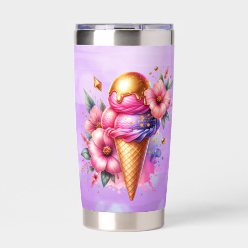 Pretty Pink and Gold Ice Cream Cone Personalized Insulated Tumbler