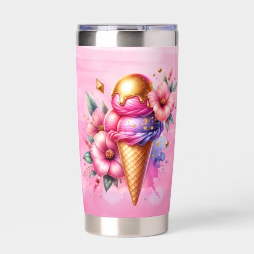 Pretty Pink and Gold Ice Cream Cone Personalized Insulated Tumbler