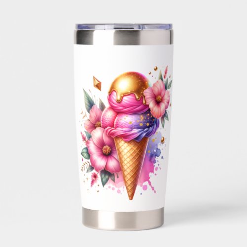 Pretty Pink and Gold Ice Cream Cone Personalized Insulated Tumbler