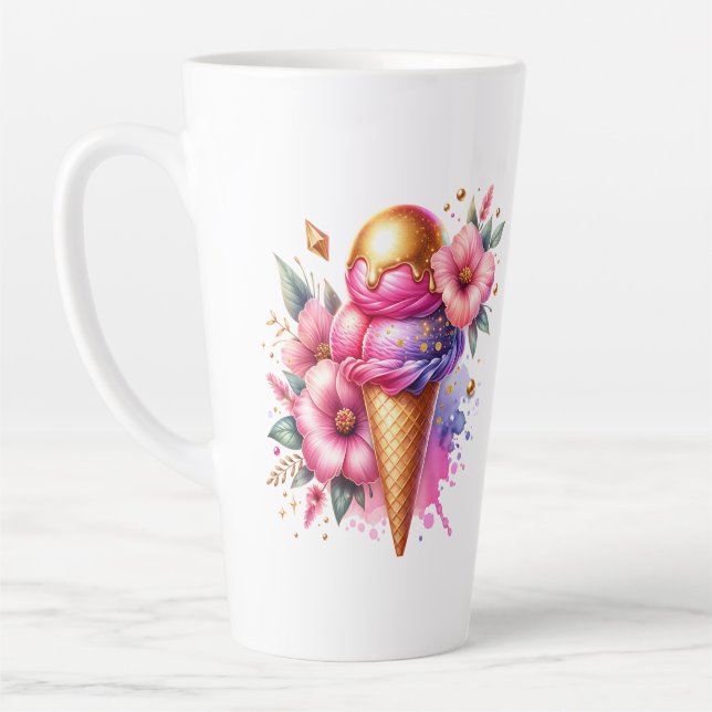 Pretty Pink and Gold Ice Cream Cone Personalized Latte Mug (Left)
