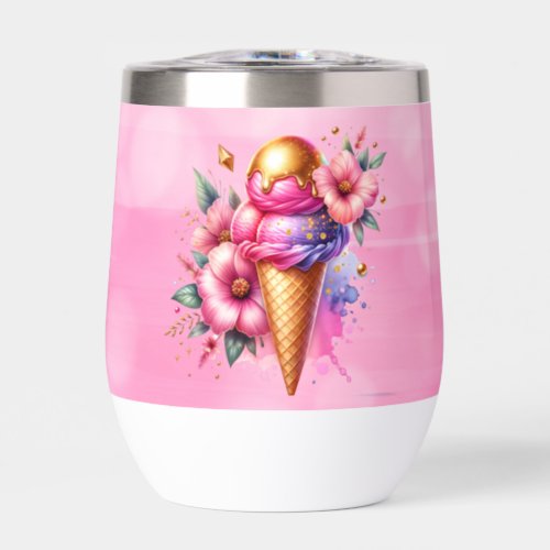 Pretty Pink and Gold Ice Cream Cone Personalized Thermal Wine Tumbler