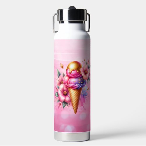 Pretty Pink and Gold Ice Cream Cone Personalized Water Bottle