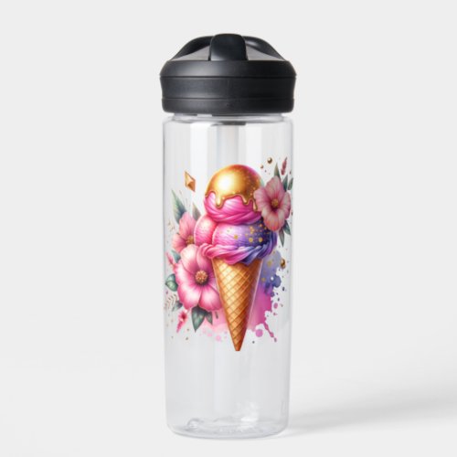 Pretty Pink and Gold Ice Cream Cone Personalized Water Bottle