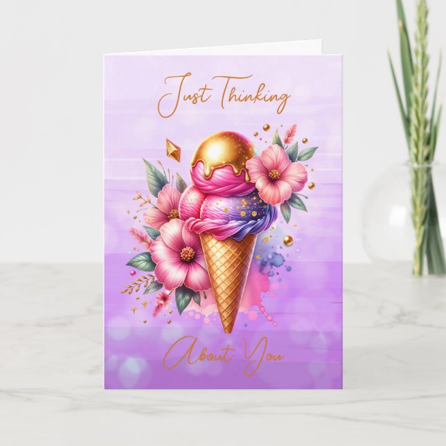 Pretty Pink and Gold Ice Cream Thinking About You Card (Front)