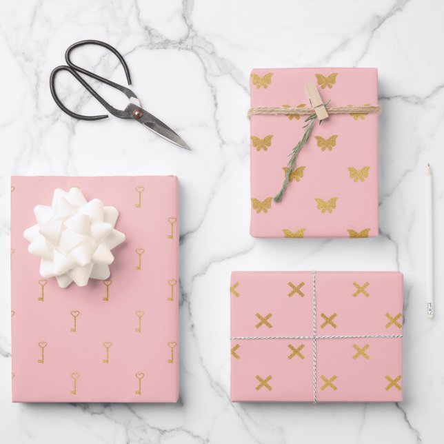 Pretty Pink and Gold Patterns Wrapping Paper Sheets (Front)