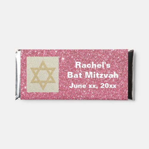 Pretty Pink and Gold Star of David Bat Mitzvah Hershey Bar Favors