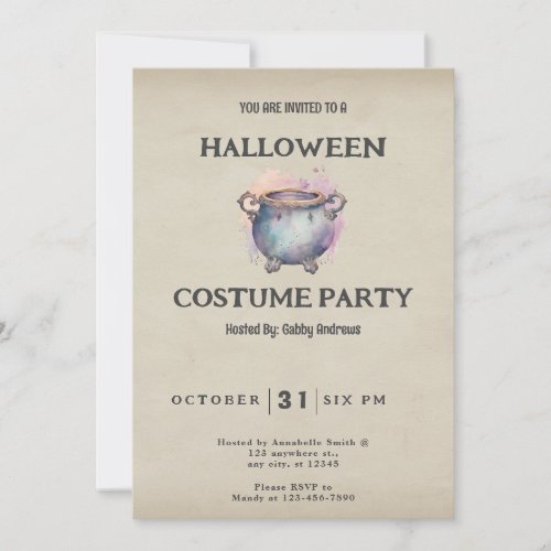 Pretty Pink and Gray Cauldron Vintage Halloween Invitation