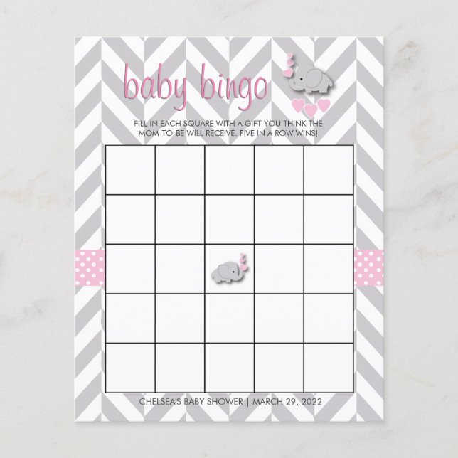 Pretty Pink and Gray Elephant Baby Shower Bingo (Front)