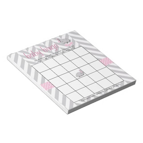 Pretty Pink and Gray Elephant Baby Shower Bingo Notepad