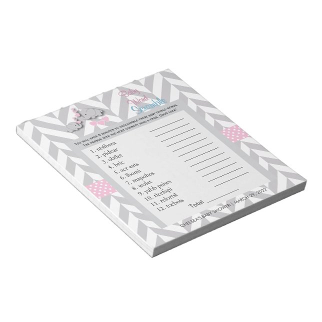 Pretty Pink and Gray Elephant Baby Shower Scramble Notepad (Angled)