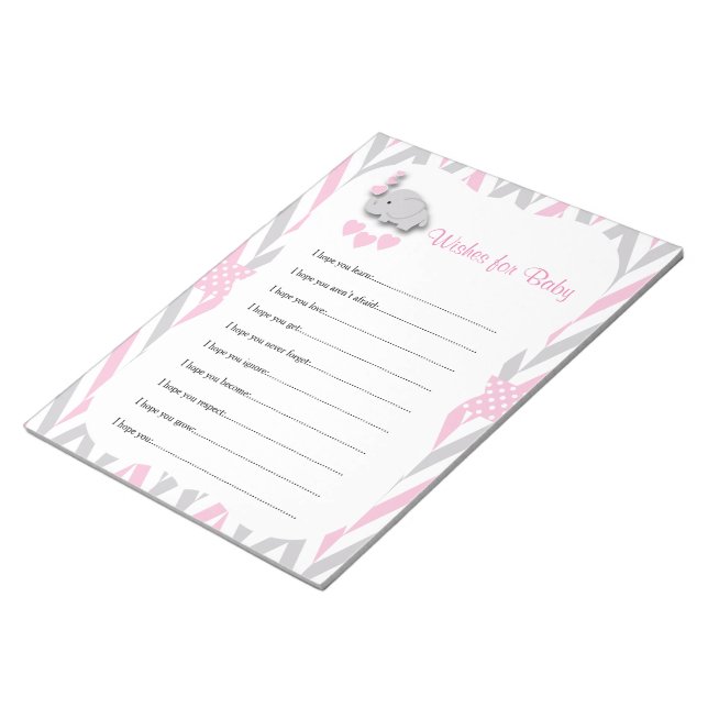 Pretty Pink and Gray Elephant Baby Wishes 2 Notepad (Angled)