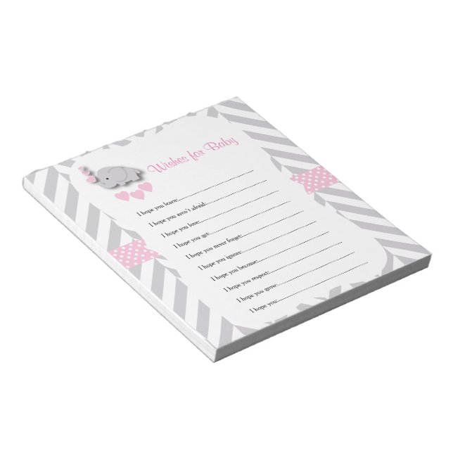 Pretty Pink and Gray Elephant Baby Wishes Notepad (Angled)