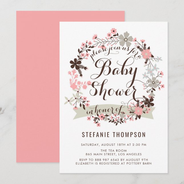 Pretty Pink and Gray Floral Wreath Baby Shower Invitation (Front/Back)