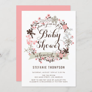 Pretty Pink and Gray Floral Wreath Baby Shower Invitation