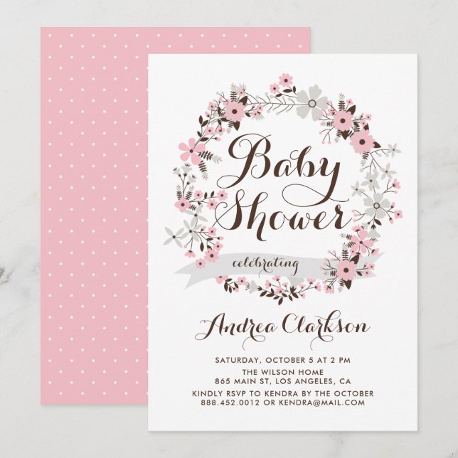 Pretty Pink and Gray Floral Wreath Baby Shower Invitation (Front/Back)