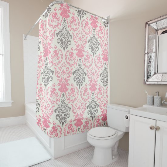 Pretty Pink and Gray Two-Tone Damask Shower Curtain