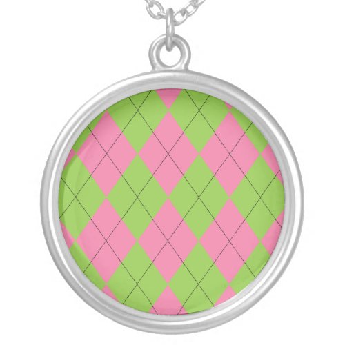 Pretty Pink and Green Argyle Pattern Silver Plated Necklace