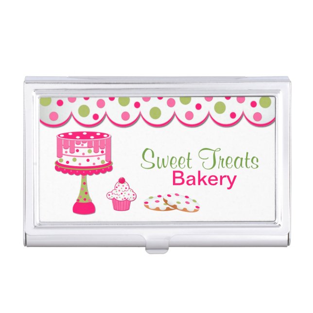 Pretty Pink and Green Bakery Business Card Holder (Front)