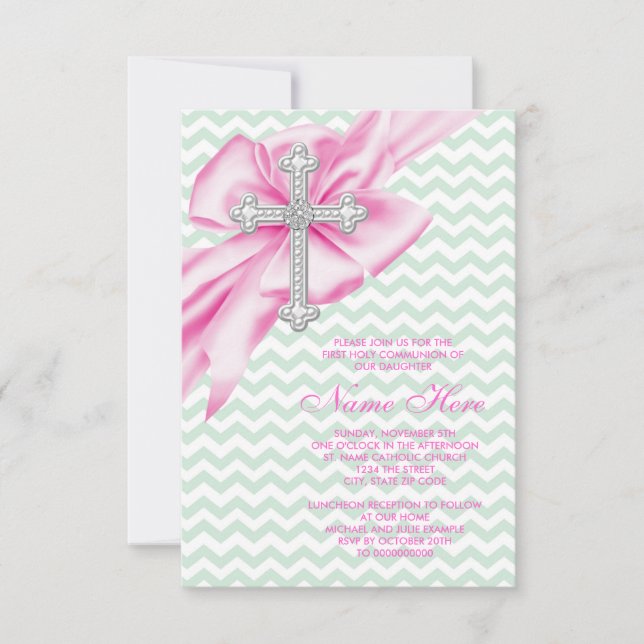 Pretty Pink and Green Chevron First Communion Invitation (Front)