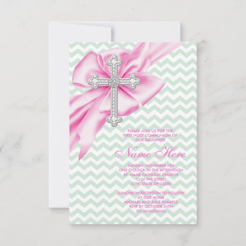 Pretty Pink and Green Chevron First Communion Custom Announcements
