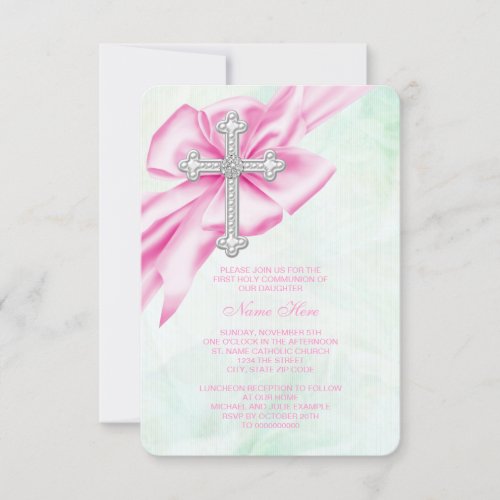 Pretty Pink and Green First Communion Invitation