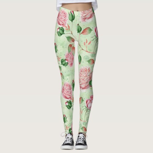 Pretty Pink and Green Floral  Leggings