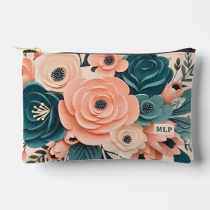 Pretty Pink and Green Floral with Initals Womens Accessory Pouch