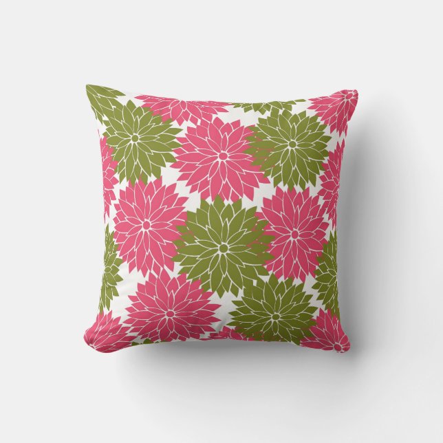 Pretty Pink and Green Flower Blossoms Floral Print Throw Pillow (Front)